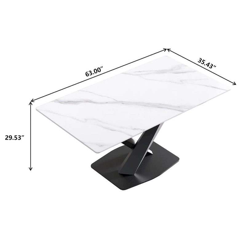 Table à manger en pierre frittée blanche de 160 cm avec piètement en acier noir