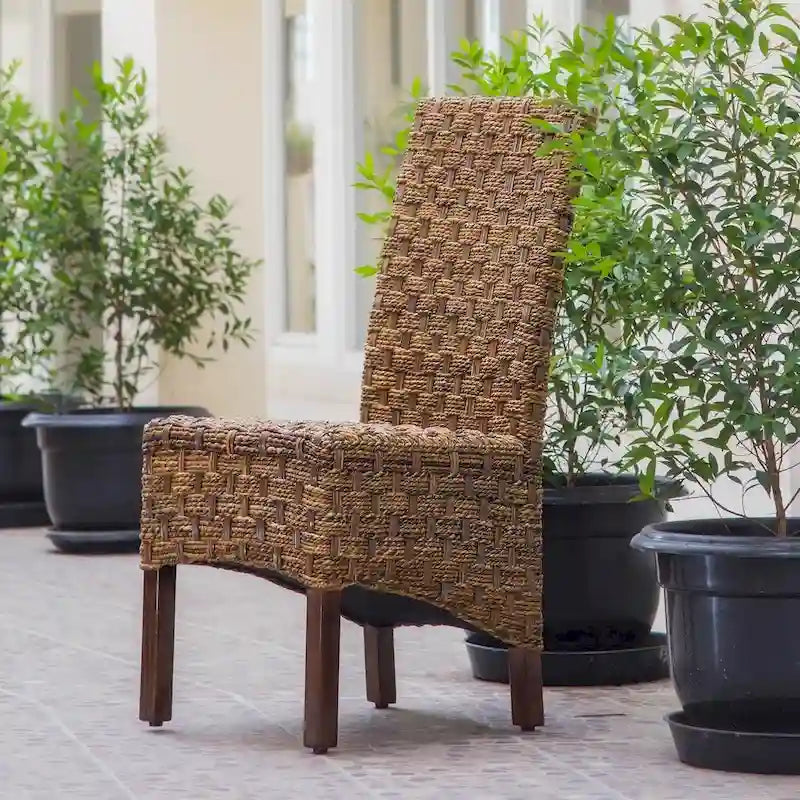 Chaise de salle à manger en acajou et abaca tissé, style rustique bohème, marron naturel