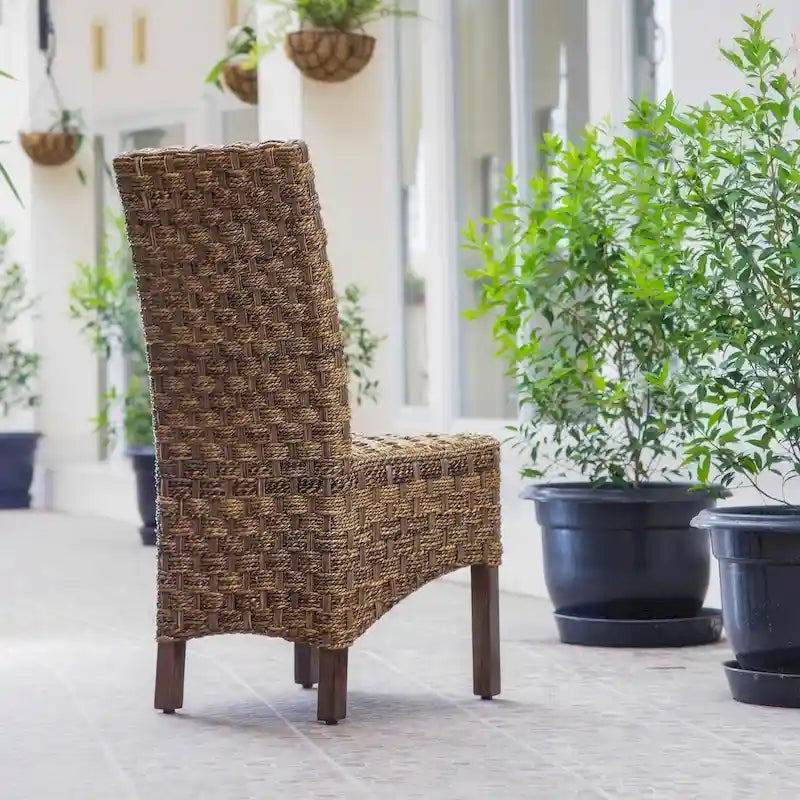 Chaise de salle à manger en acajou et abaca tissé, style rustique bohème, marron naturel
