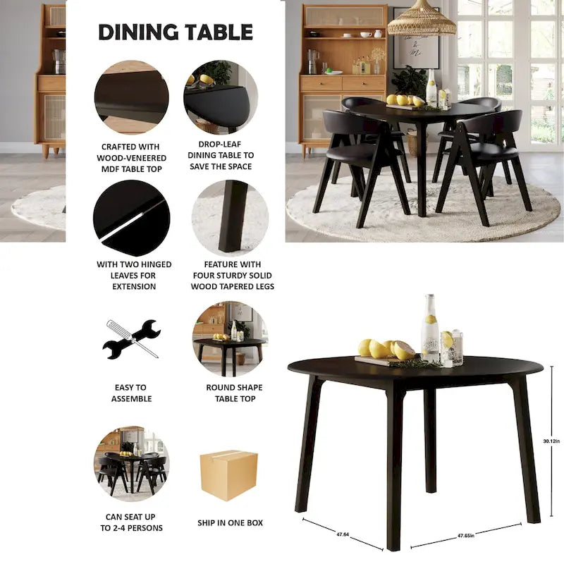 Table de salle à manger ronde et transformable avec abattants, en bois massif noir