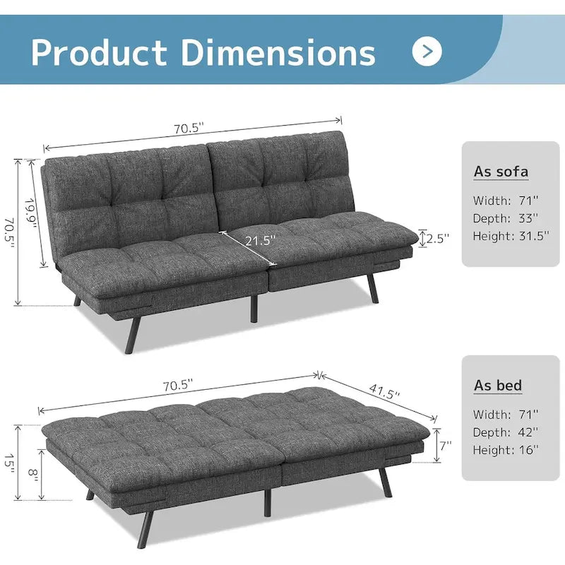 Canapé-lit futon avec accoudoirs réglables pour petits espaces