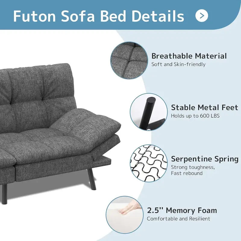 Canapé-lit futon avec accoudoirs réglables pour petits espaces
