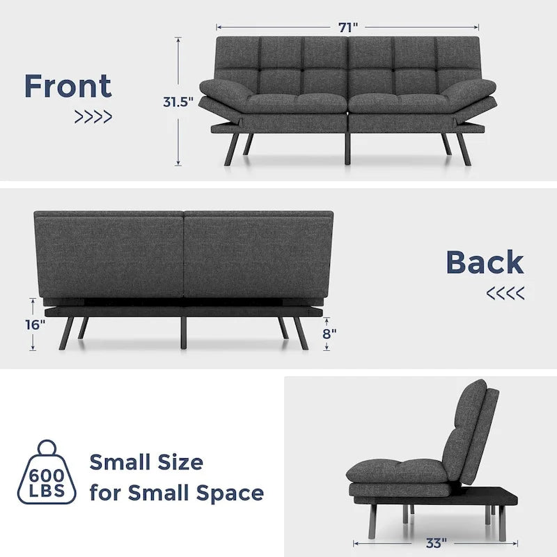 Canapé-lit futon avec accoudoirs réglables pour petits espaces