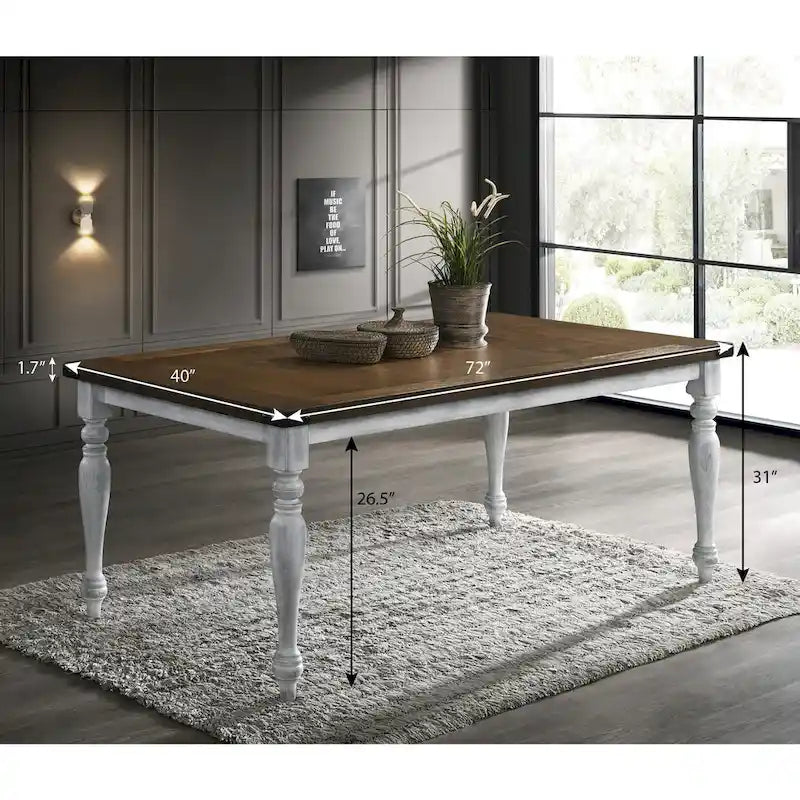 Table de salle à manger en chêne blanc rustique avec pieds tournés au fini vieilli