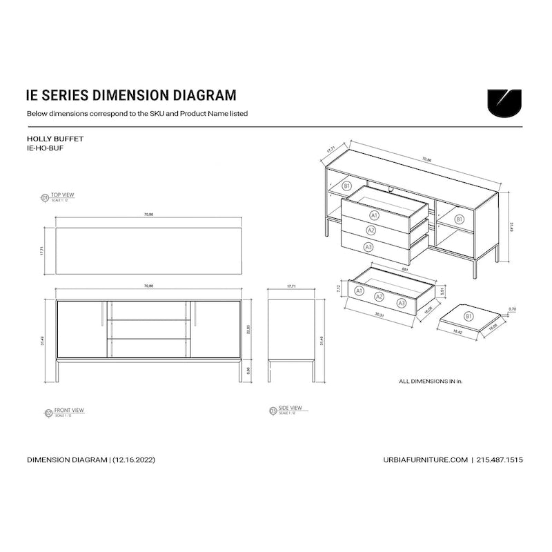 Buffet moderne en placage de chêne avec portes à fermeture amortie et tiroirs de rangement