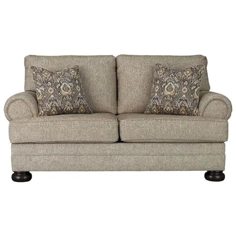 Causeuse à accoudoirs arrondis en chenille couleur avoine avec pieds boule Style classique