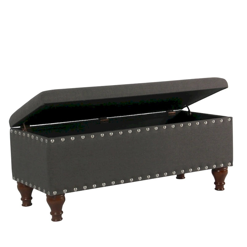 Banc de rangement en lin touffeté anthracite avec garniture cloutée et pieds en noyer