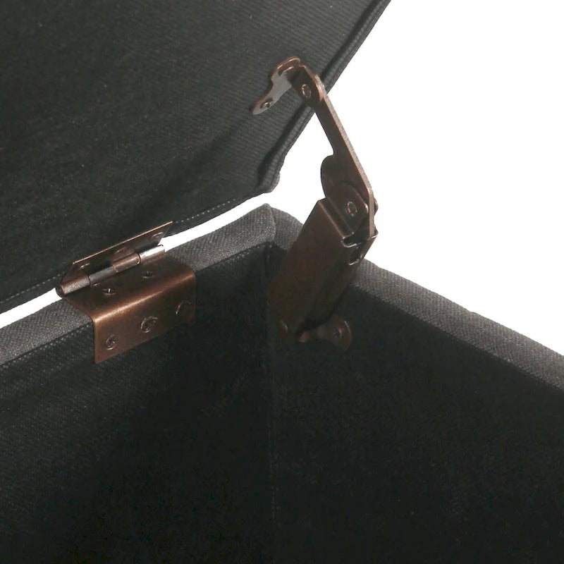 Banc de rangement en lin touffeté anthracite avec garniture cloutée et pieds en noyer