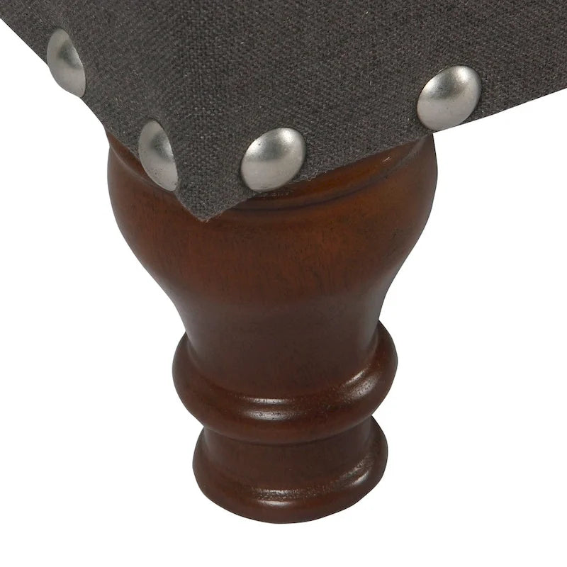 Banc de rangement en lin touffeté anthracite avec garniture cloutée et pieds en noyer