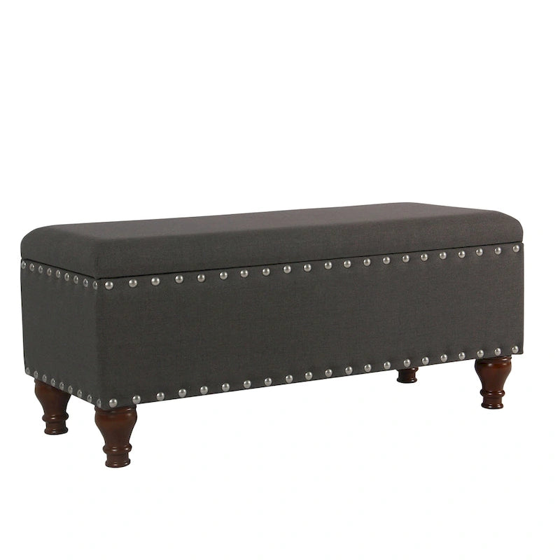 Banc de rangement en lin touffeté anthracite avec garniture cloutée et pieds en noyer