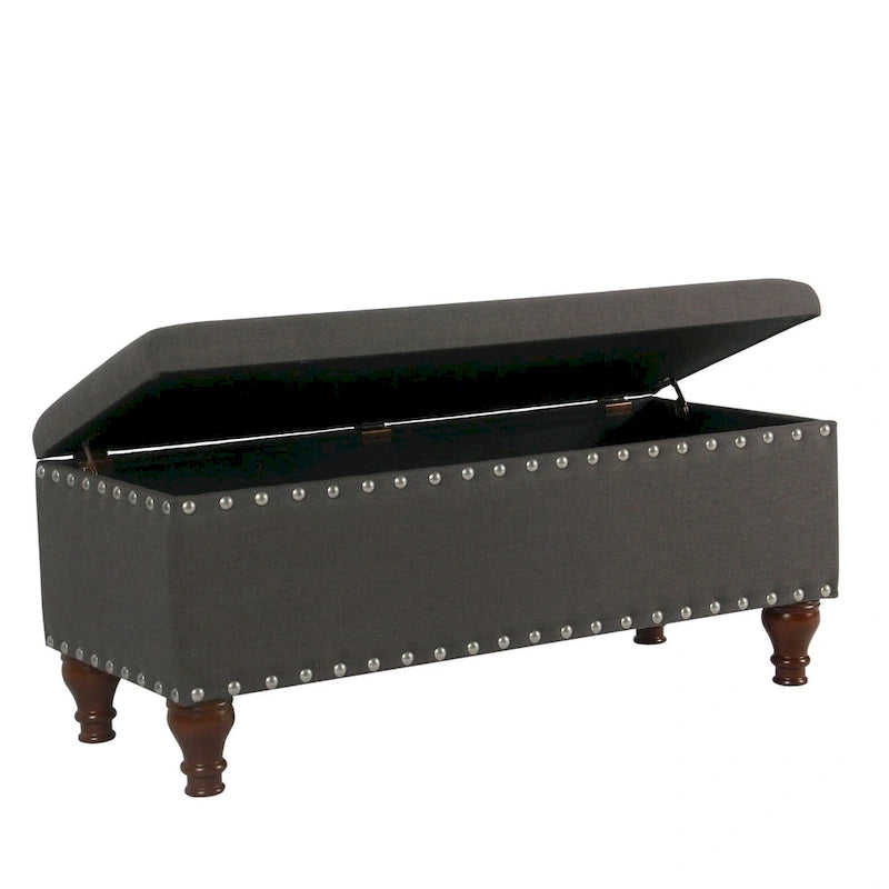 Banc de rangement en lin touffeté anthracite avec garniture cloutée et pieds en noyer