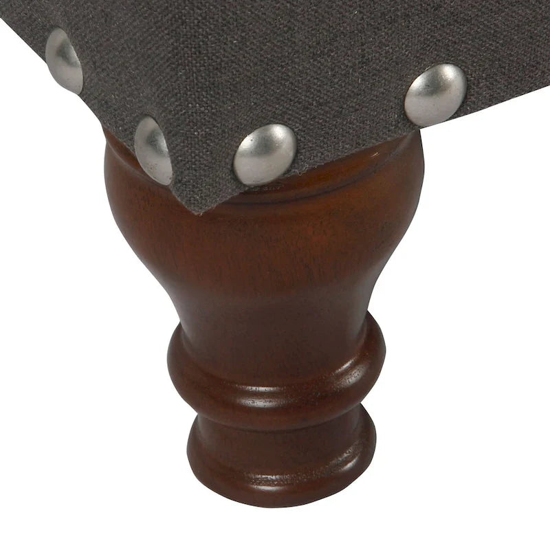 Banc de rangement en lin touffeté anthracite avec garniture cloutée et pieds en noyer