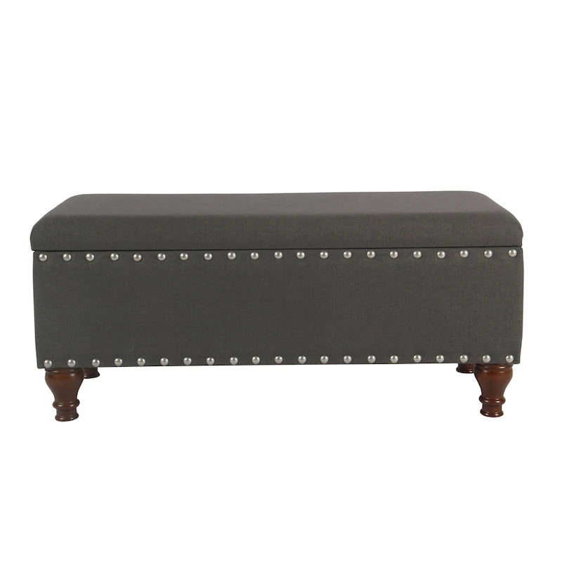 Banc de rangement en lin touffeté anthracite avec garniture cloutée et pieds en noyer