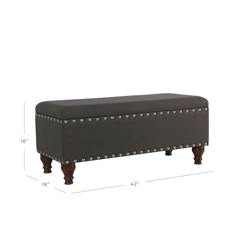 Banc de rangement en lin touffeté anthracite avec garniture cloutée et pieds en noyer