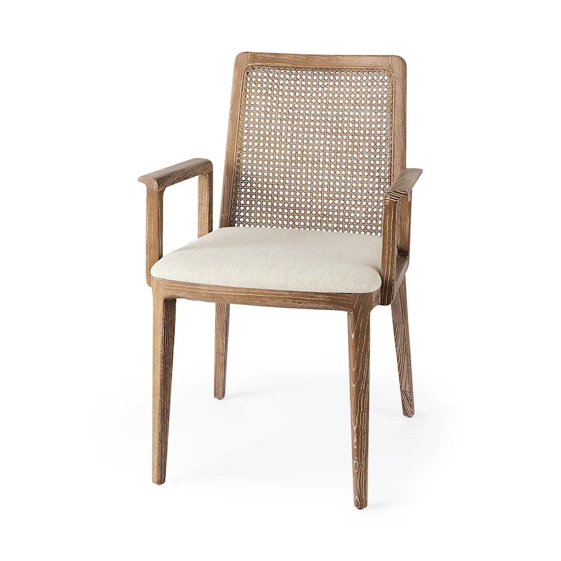 Chaise de salle à manger mi-siècle, cadre en bois massif, dossier en cannage, assise en tissu crème