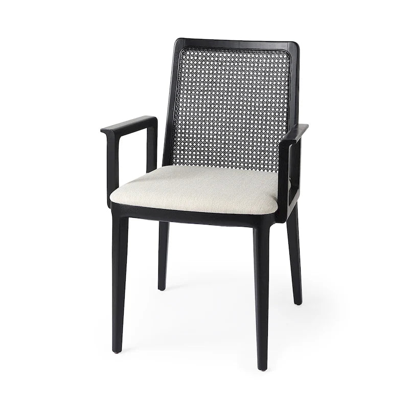 Chaise de salle à manger mi-siècle, cadre en bois massif, dossier en cannage, assise en tissu crème