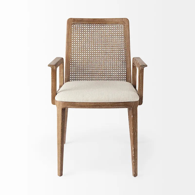 Chaise de salle à manger mi-siècle, cadre en bois massif, dossier en cannage, assise en tissu crème