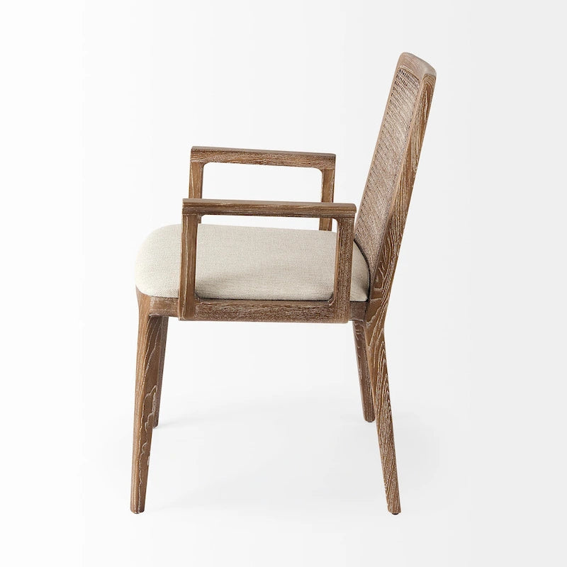 Chaise de salle à manger mi-siècle, cadre en bois massif, dossier en cannage, assise en tissu crème