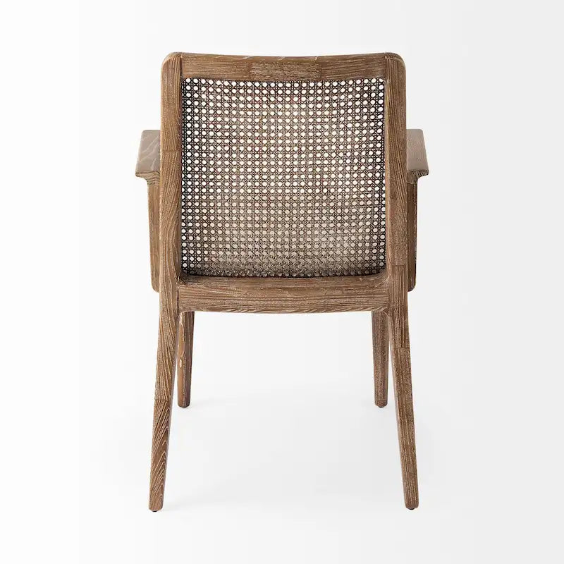 Chaise de salle à manger mi-siècle, cadre en bois massif, dossier en cannage, assise en tissu crème