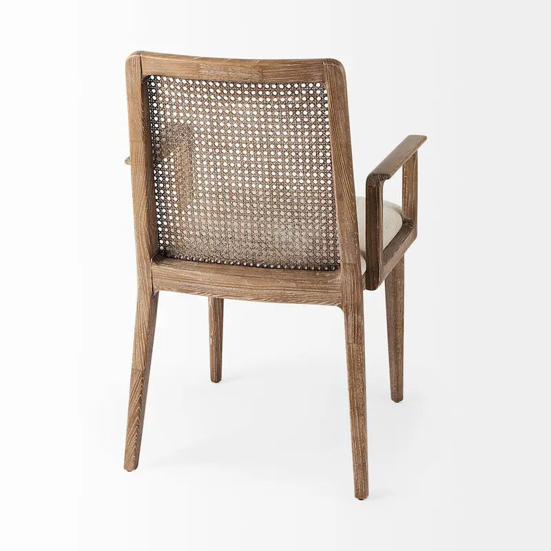Chaise de salle à manger mi-siècle, cadre en bois massif, dossier en cannage, assise en tissu crème