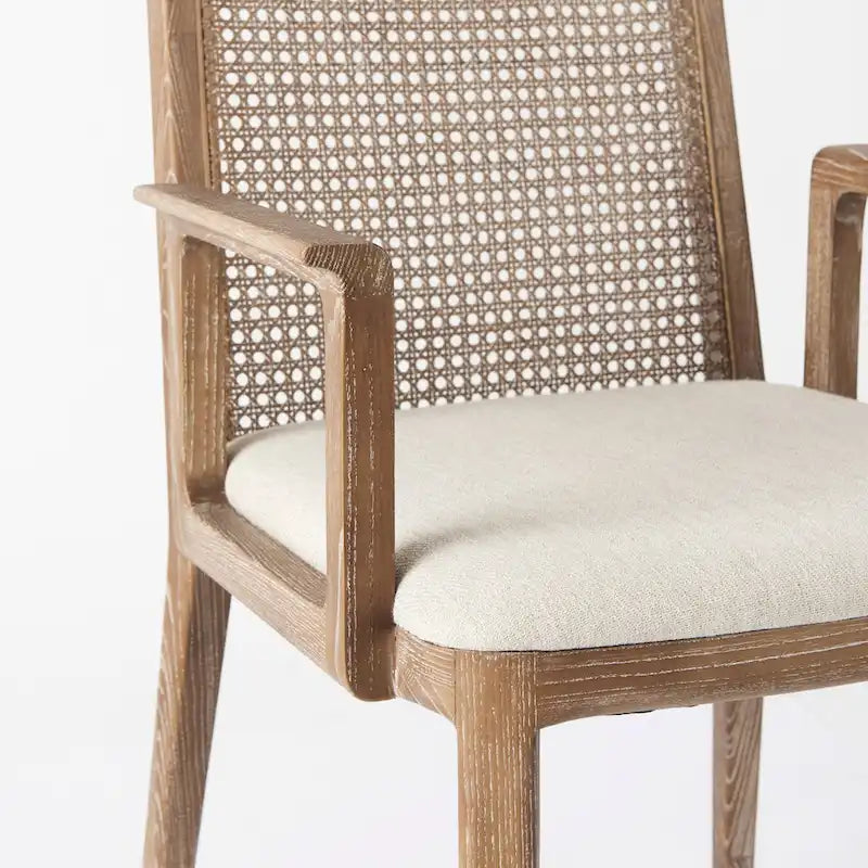 Chaise de salle à manger mi-siècle, cadre en bois massif, dossier en cannage, assise en tissu crème