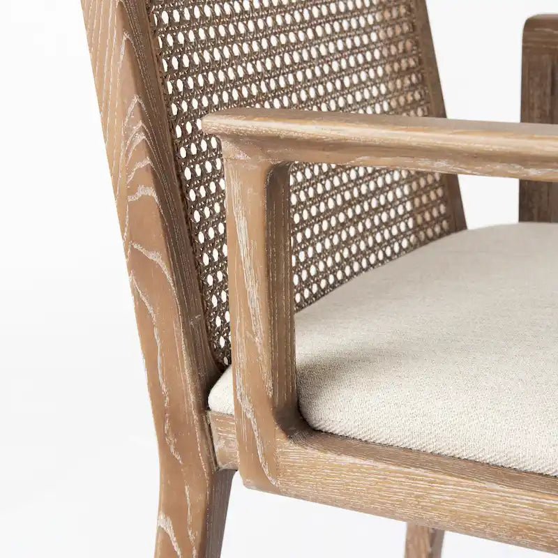 Chaise de salle à manger mi-siècle, cadre en bois massif, dossier en cannage, assise en tissu crème