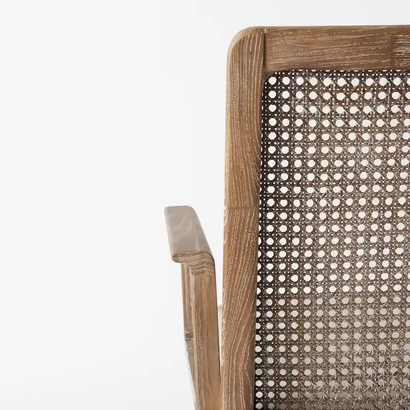 Chaise de salle à manger mi-siècle, cadre en bois massif, dossier en cannage, assise en tissu crème