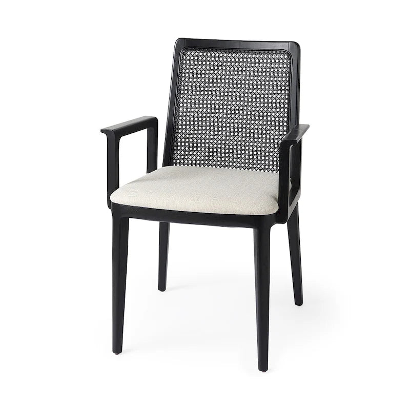 Chaise de salle à manger mi-siècle, cadre en bois massif, dossier en cannage, assise en tissu crème