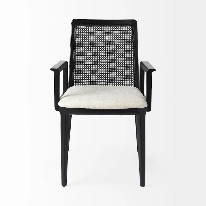 Chaise de salle à manger mi-siècle, cadre en bois massif, dossier en cannage, assise en tissu crème