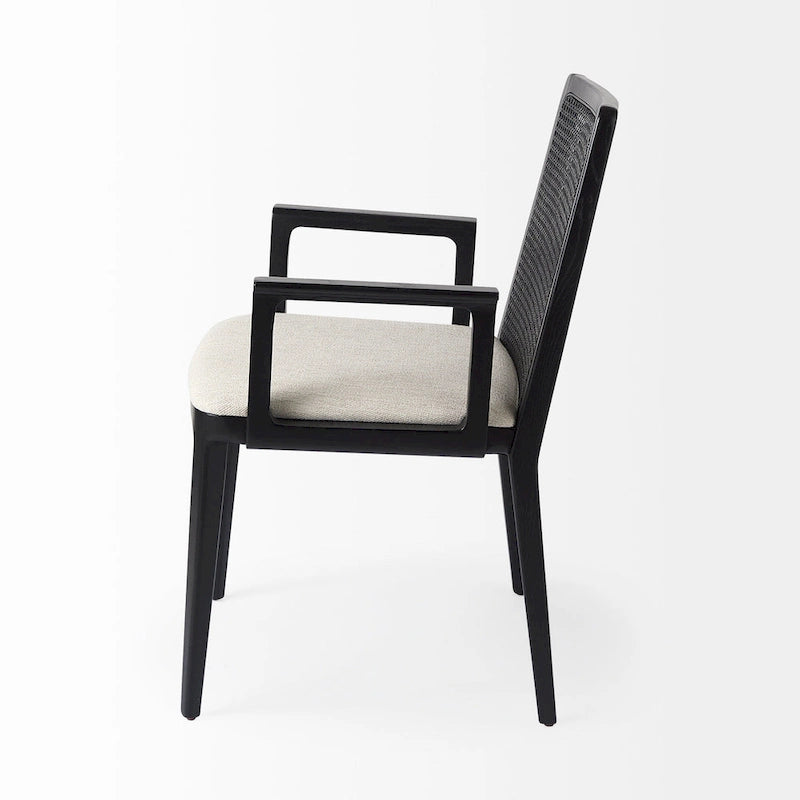 Chaise de salle à manger mi-siècle, cadre en bois massif, dossier en cannage, assise en tissu crème