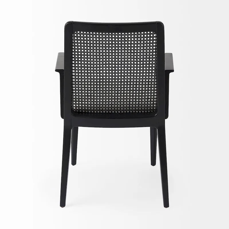 Chaise de salle à manger mi-siècle, cadre en bois massif, dossier en cannage, assise en tissu crème