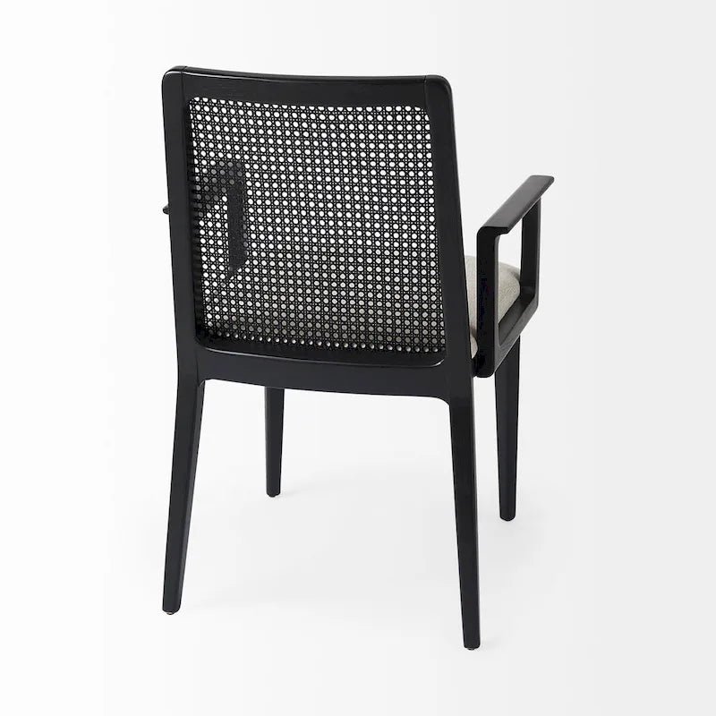 Chaise de salle à manger mi-siècle, cadre en bois massif, dossier en cannage, assise en tissu crème