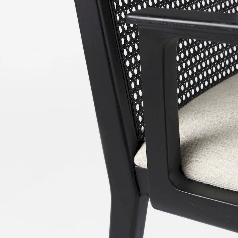 Chaise de salle à manger mi-siècle, cadre en bois massif, dossier en cannage, assise en tissu crème
