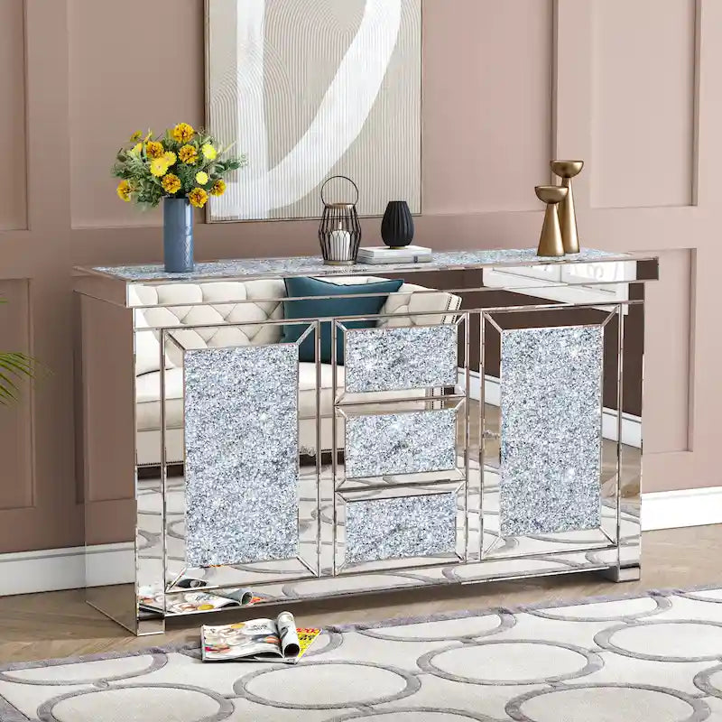 Glam Meuble d'appoint miroir avec diamants, 3 tiroirs et 2 portes