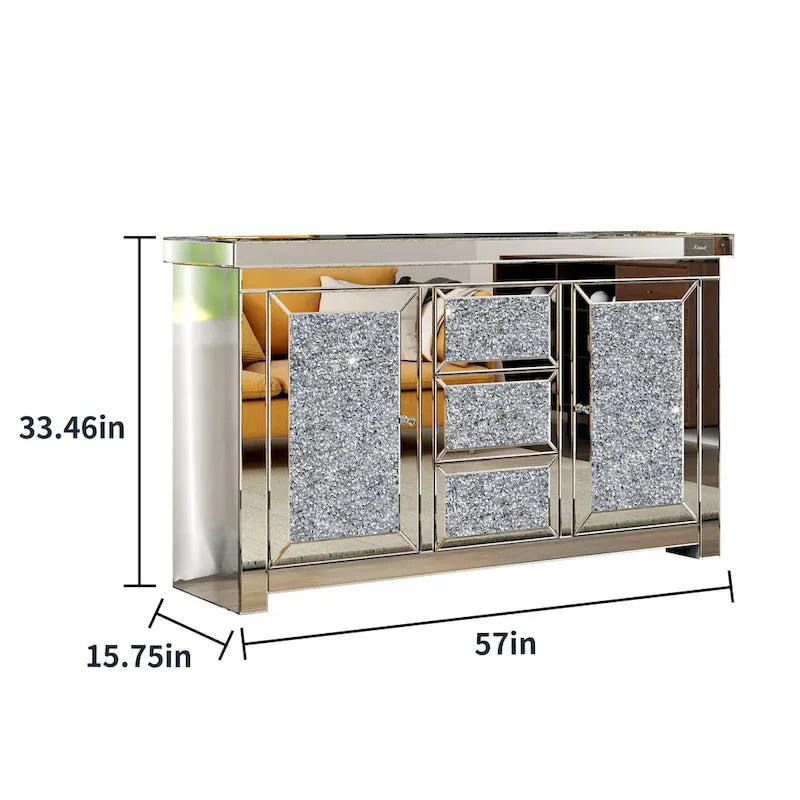 Glam Meuble d'appoint miroir avec diamants, 3 tiroirs et 2 portes