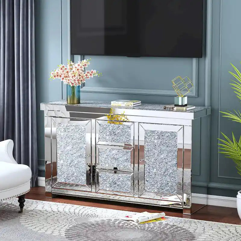 Glam Meuble d'appoint miroir avec diamants, 3 tiroirs et 2 portes