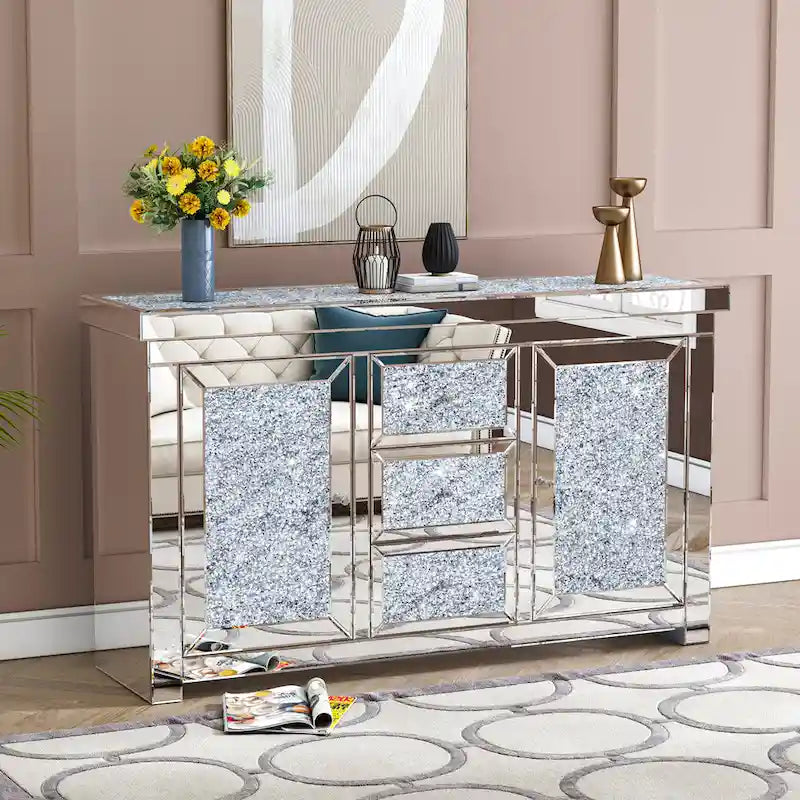 Glam Meuble d'appoint miroir avec diamants, 3 tiroirs et 2 portes