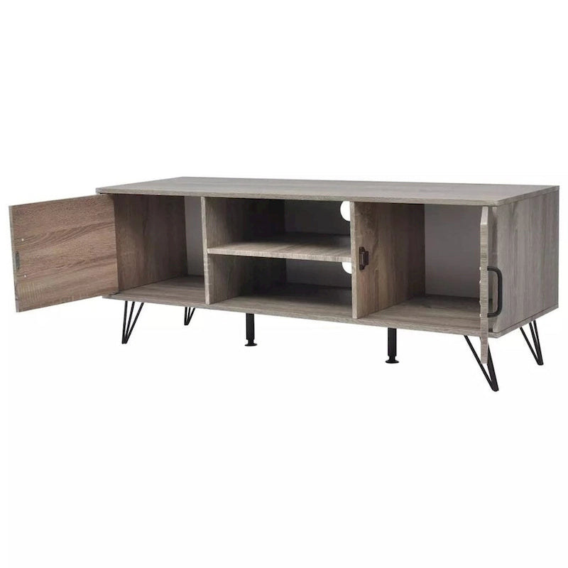 Meuble TV gris moderne avec étagères ouvertes et portes de placard