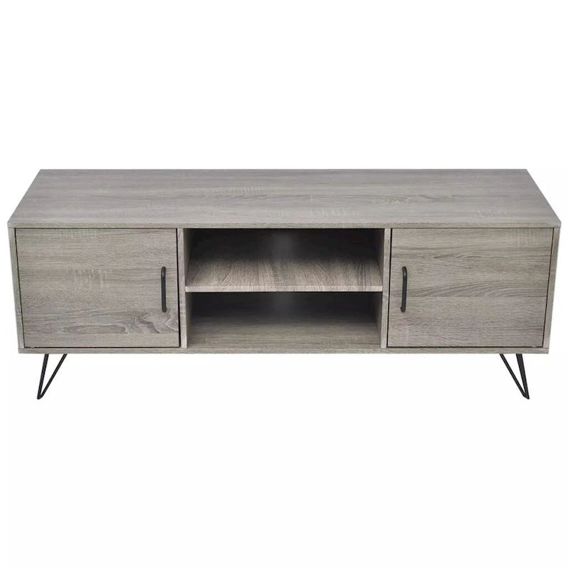 Meuble TV gris moderne avec étagères ouvertes et portes de placard