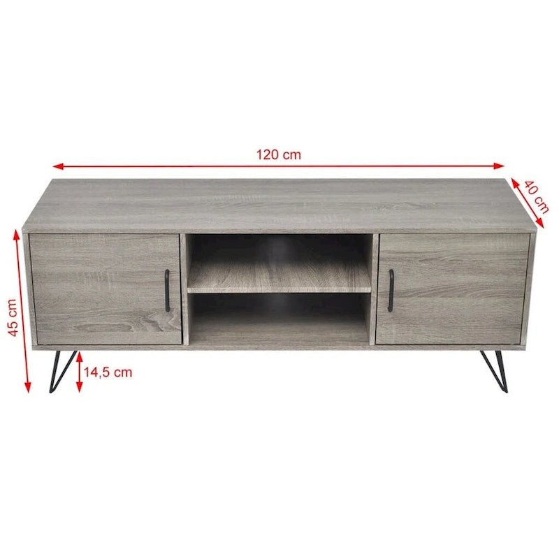 Meuble TV gris moderne avec étagères ouvertes et portes de placard