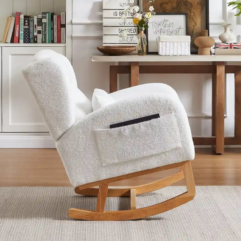 Fauteuil à bascule rembourré à dossier haut de style moderne avec poches latérales