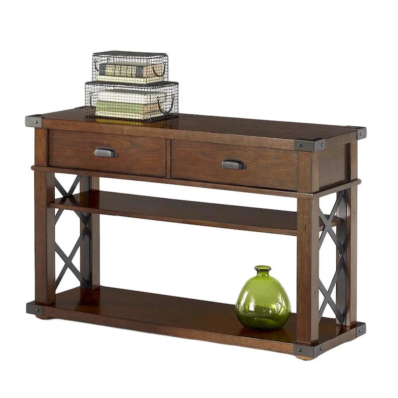 Table d'appoint rustique en bois de frêne avec tiroir et accents métalliques en X
