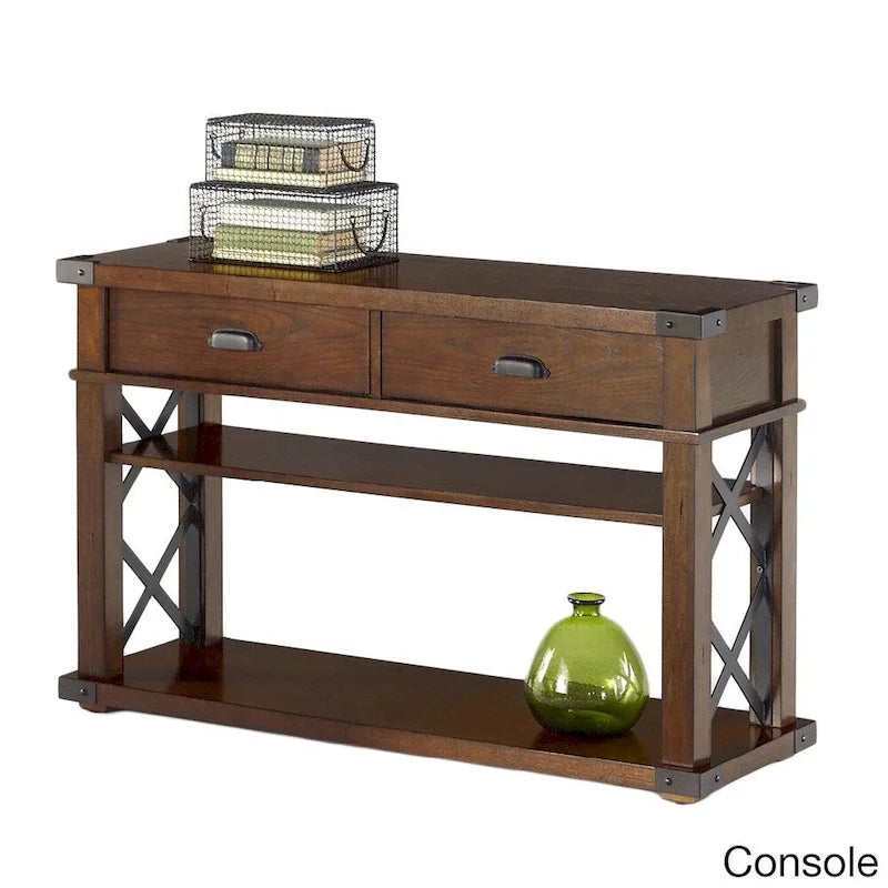 Table d'appoint rustique en bois de frêne avec tiroir et accents métalliques en X