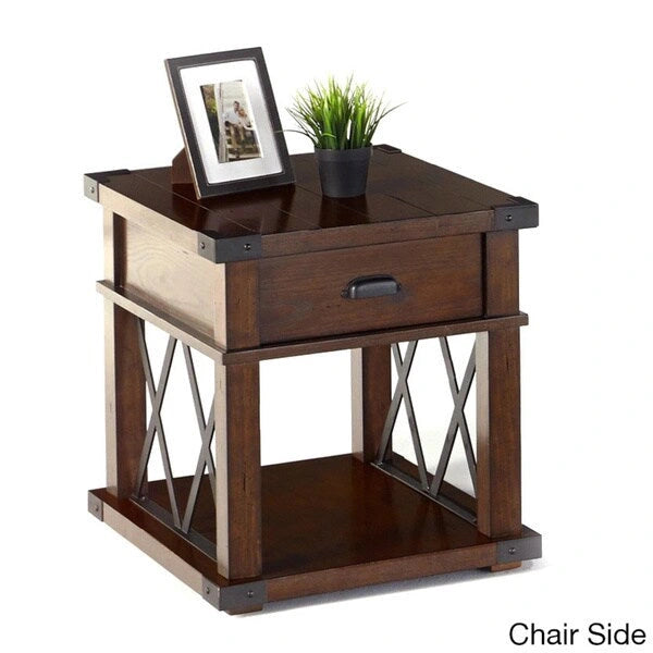 Table d'appoint rustique en bois de frêne avec tiroir et accents métalliques en X
