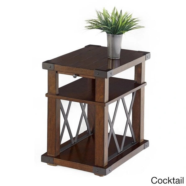 Table d'appoint rustique en bois de frêne avec tiroir et accents métalliques en X
