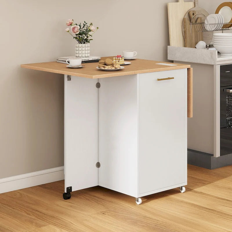 Îlot de cuisine pliant avec meuble de rangement pour poubelle et prise de courant
