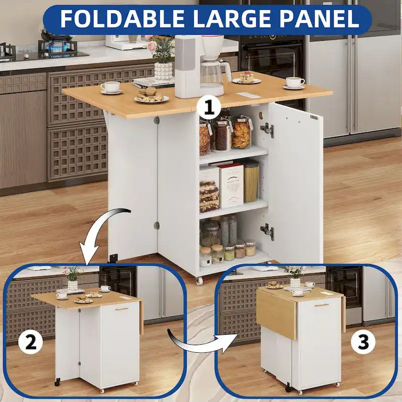 Îlot de cuisine pliant avec meuble de rangement pour poubelle et prise de courant