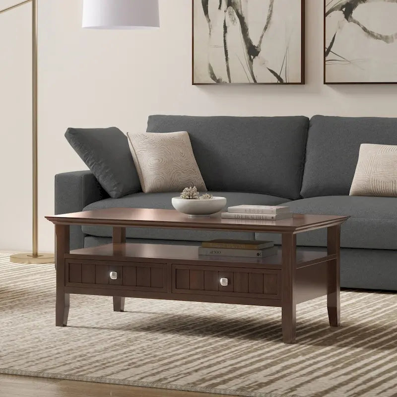 Table basse rectangulaire de style transitionnel en bois massif avec tiroir, 122 cm de large