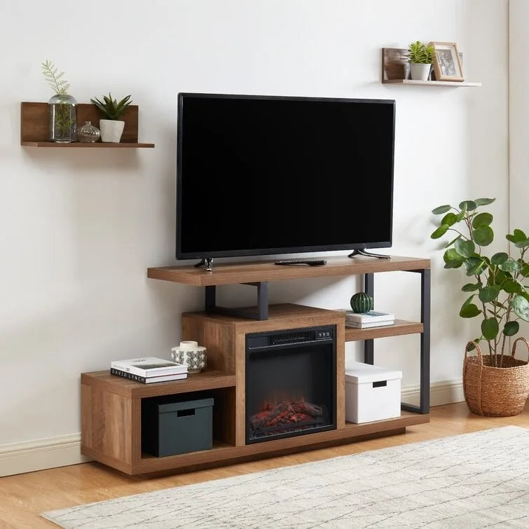 Meuble TV en bois avec foyer électrique