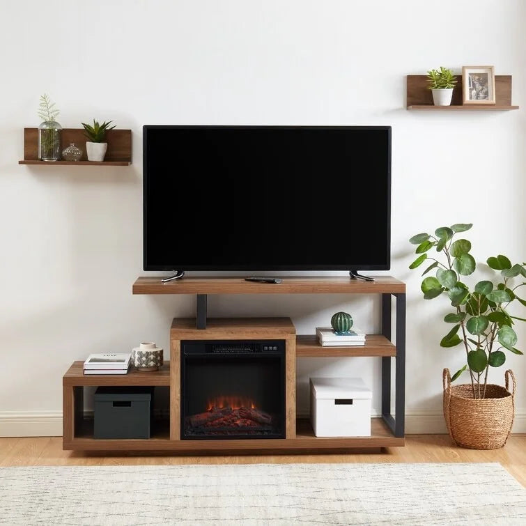 Meuble TV en bois avec foyer électrique